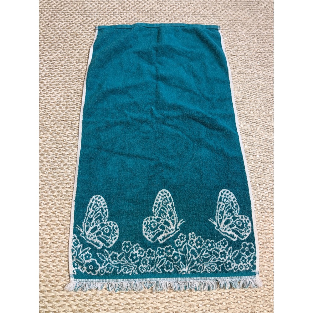 Vintage Teal Blue Butterfly Hand Towel Fringed Floral Cottagecore Retro Bath
